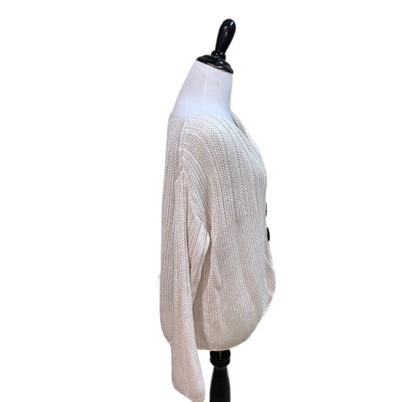 PURE Handknit Women's Knit Cardigan Sweater S/M Big Decorative Buttons Beige - Picture 5 of 8
